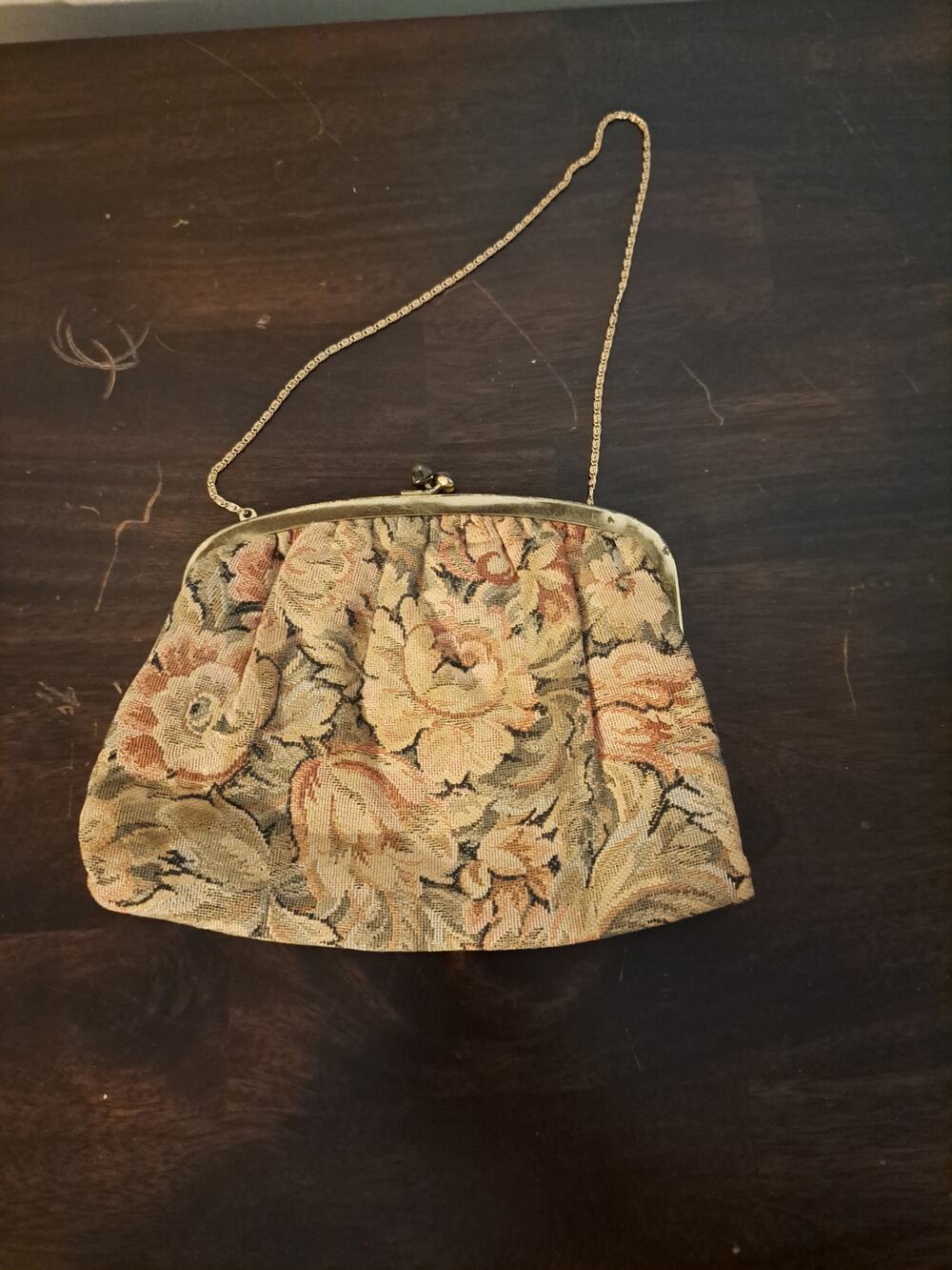 Vintage Carpet Bag Kiss Lock Gold Chain Tapestry Handbag Or Clutch